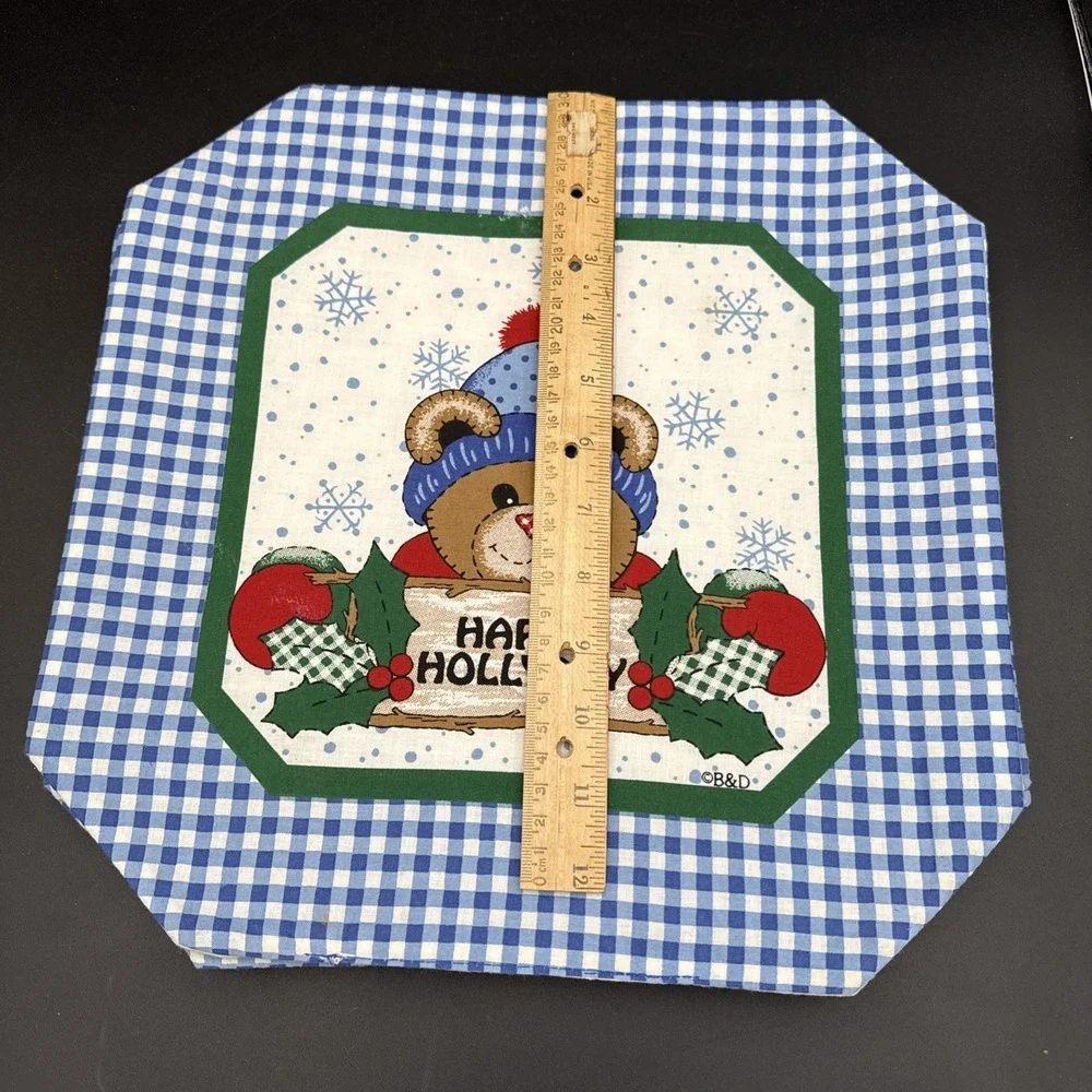 Vintage Quilted Placemats (4) Bear Blue Border B&D Cottage Core Christmas
